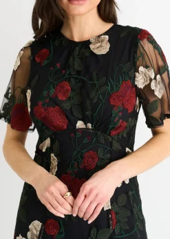 Gini London Black Angel Sleeves Embroidered Occasion Midi Dress