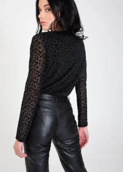 Gini London Black Animal Pattern Burnout Long sleeve Bodysuit