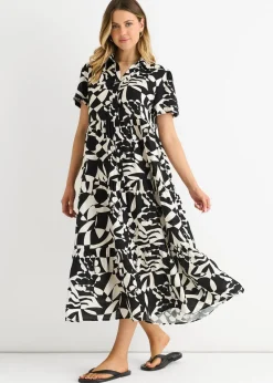 Gini London Black Aztec Print Oversized Smock Midi Dress