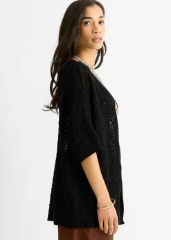 Gini London Black Crochet Knit Edge to Edge Cardigan