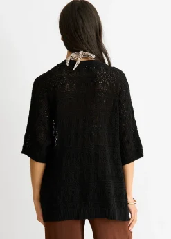 Gini London Black Crochet Knit Edge to Edge Cardigan