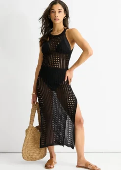 Gini London Black  Crochet Knit Bodycon Slit Dress