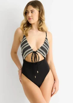 Gini London Black Crochet Textured Tie Front Cutout Swimsuit