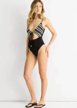 Gini London Black Crochet Textured Tie Front Cutout Swimsuit