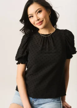 Gini London Black  Dobby Chiffon Shirred Cuff Blouse