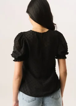 Gini London Black  Dobby Chiffon Shirred Cuff Blouse