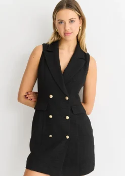 Gini London Black Double Breast Boucle Blazer Mini Dress