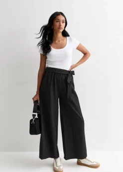 Gini London Black Elasticated Wide leg Tie detail Trousers