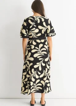 Gini London Black Floral V Neck Elasticated Waist Midi Dress
