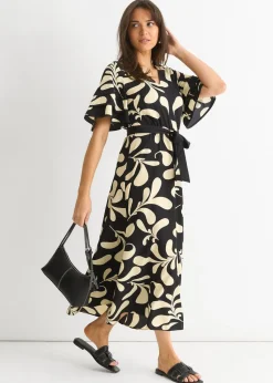 Gini London Black Floral V Neck Elasticated Waist Midi Dress