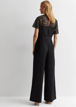 Gini London Black Floral Lace Sequin Belted Occasion Jumpsuit