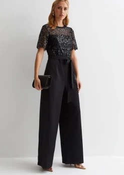 Gini London Black Floral Lace Sequin Belted Occasion Jumpsuit