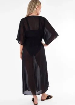 Gini London Black Flowy Open Front Beach Cover Kimono