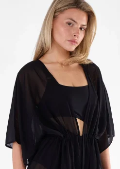 Gini London Black Flowy Open Front Beach Cover Kimono