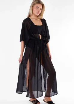 Gini London Black Flowy Open Front Beach Cover Kimono