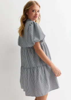 Gini London Black Puff Sleeve Stripe Tiered Dress