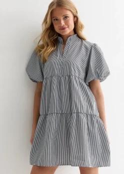 Gini London Black Puff Sleeve Stripe Tiered Dress