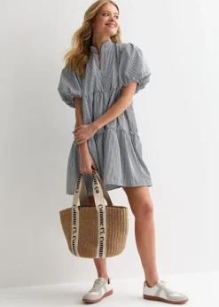 Gini London Black Puff Sleeve Stripe Tiered Dress