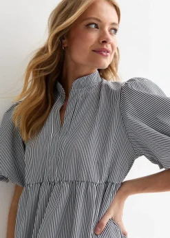 Gini London Black Puff Sleeve Stripe Tiered Dress