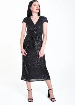 Gini London Black Sequin Belted Midi Wrap Dress