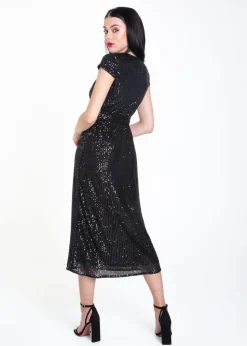 Gini London Black Sequin Belted Midi Wrap Dress