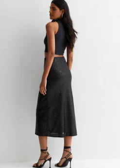 Gini London Black Sequin Bias Midi Skirt