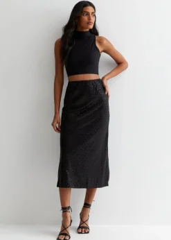 Gini London Black Sequin Bias Midi Skirt