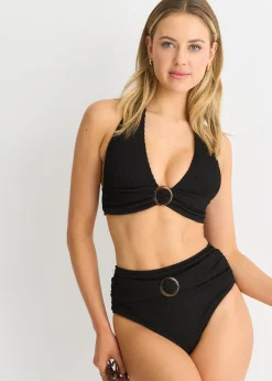 Gini London Black Textured High Waisted Bottoms With Ring Belt Detail