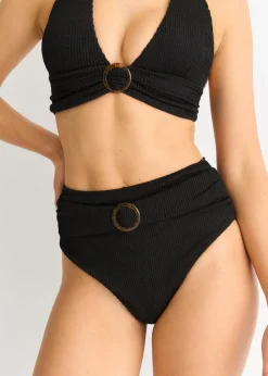 Gini London Black Textured Halter Bikini Top With Ring Belt Detail