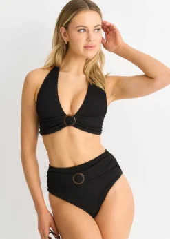 Gini London Black Textured Halter Bikini Top With Ring Belt Detail