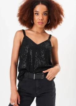 Gini London Black  V-Neck Sequin Cami Top