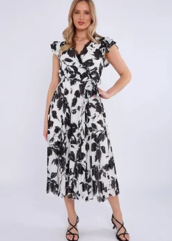 Gini London Black/White Lace Trim Mono Pleated Wrap Midi Dress