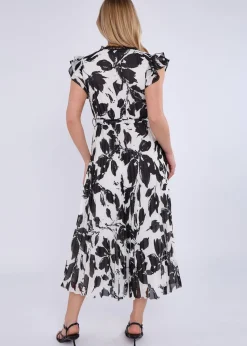 Gini London Black/White Lace Trim Mono Pleated Wrap Midi Dress