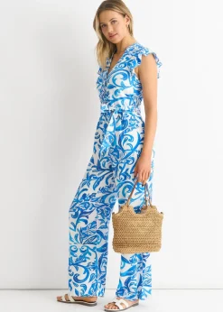 Gini London Blue Floral Ruffle Sleeeves Jumpsuit