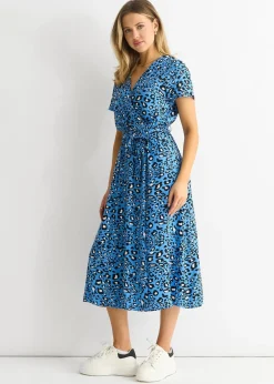 Gini London Blue Short Sleeve Animal Print Wrap Front Midi Dress