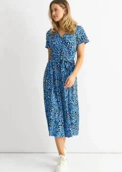 Gini London Blue Short Sleeve Animal Print Wrap Front Midi Dress