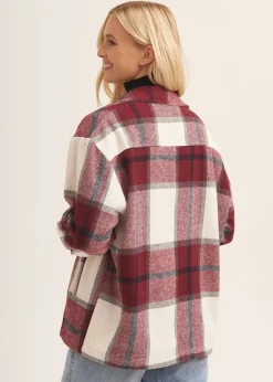 Gini London Burgundy Check Oversized Pocket Detail Shacket