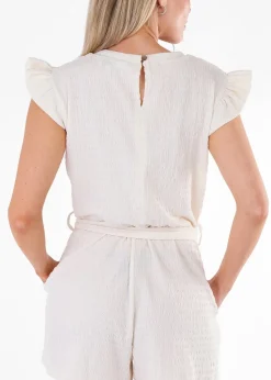 Gini London Cream Stretch Texture Frill Elasticated Waist Playsuit