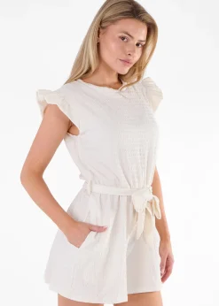 Gini London Cream Stretch Texture Frill Elasticated Waist Playsuit