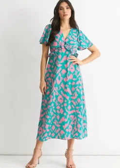 Gini London Green Animal Print V Neck Ruffle Midi Dress