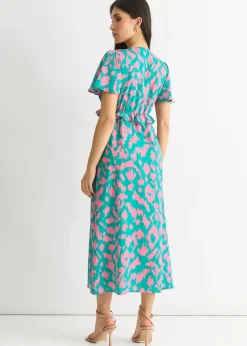 Gini London Green Animal Print V Neck Ruffle Midi Dress