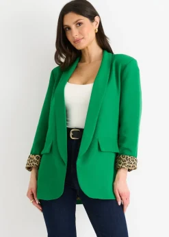 Gini London Green Contrast Animal Edge To Edge Blazer