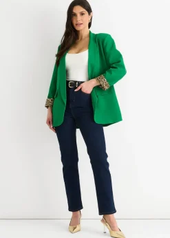 Gini London Green Contrast Animal Edge To Edge Blazer
