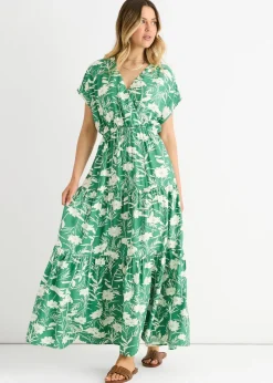 Gini London Green Floral Elastic Waist Maxi Dress