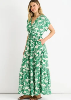 Gini London Green Floral Elastic Waist Maxi Dress