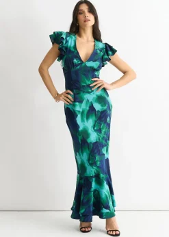 Gini London Green Watercolour Floral Maxi Dress