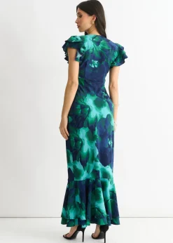 Gini London Green Watercolour Floral Maxi Dress