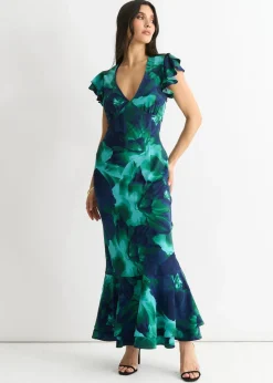 Gini London Green Watercolour Floral Maxi Dress