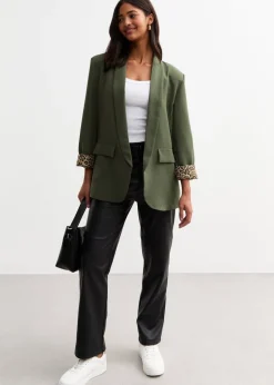 Gini London Khaki Contrast Animal Edge to Edge Blazer