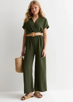 Gini London Khaki Short Sleeves Elasticated Waist Belted Jumpsuit